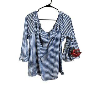 Tacera Women's Off-The-Shoulder Blue & White Striped Top